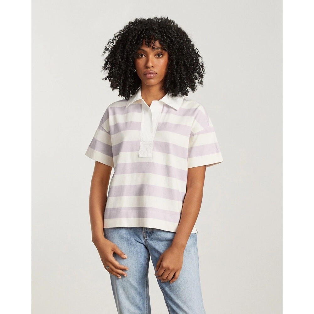 EVERLANE The Retro Jersey Polo Shirt S Striped Purple Top Oversized NWT B63